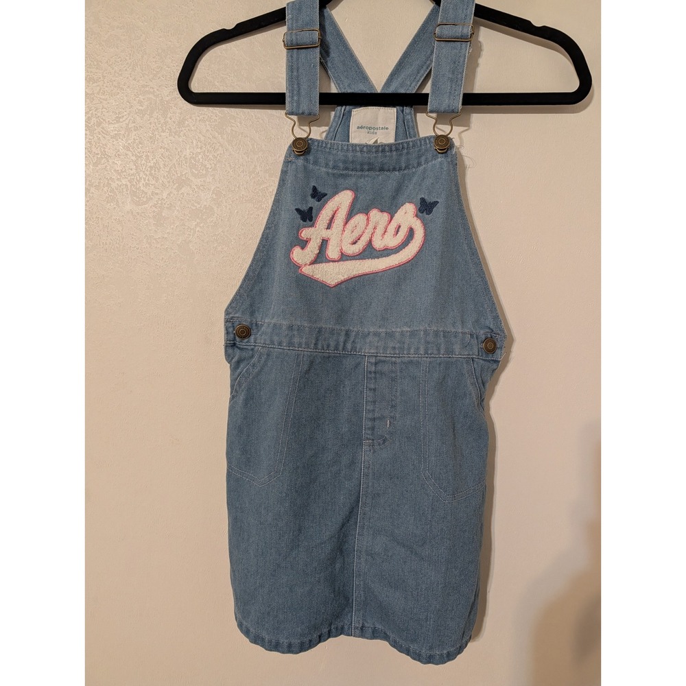 Aeropostale Kids‎ Denim Overall Dress Light Wash Chenille Aero Patch Blue Size M